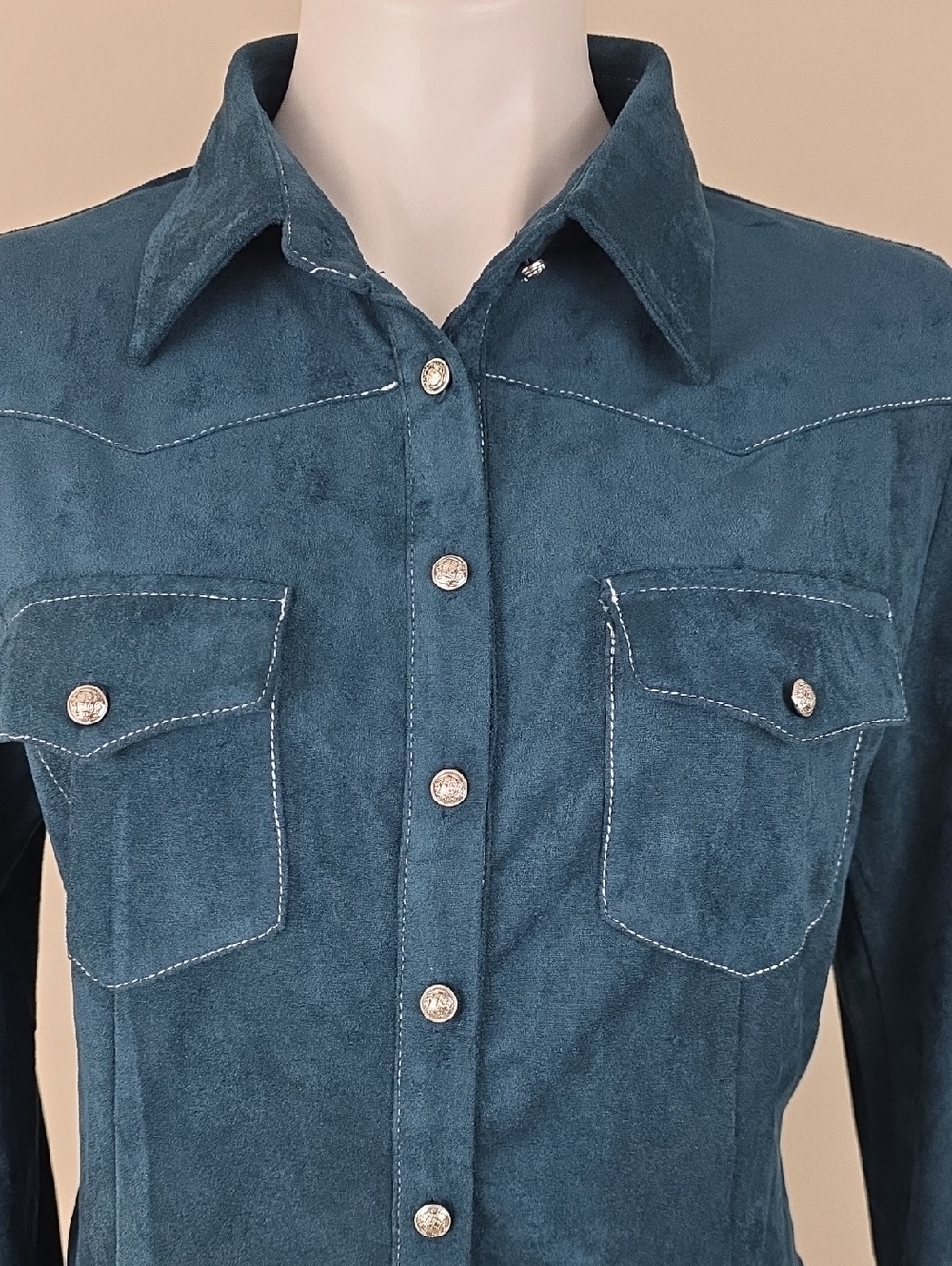 Oyrosy Western-Chic Boho Romantic Bell Sleeve Button Down Faux Suede Top. Size L - Picture 6 of 8